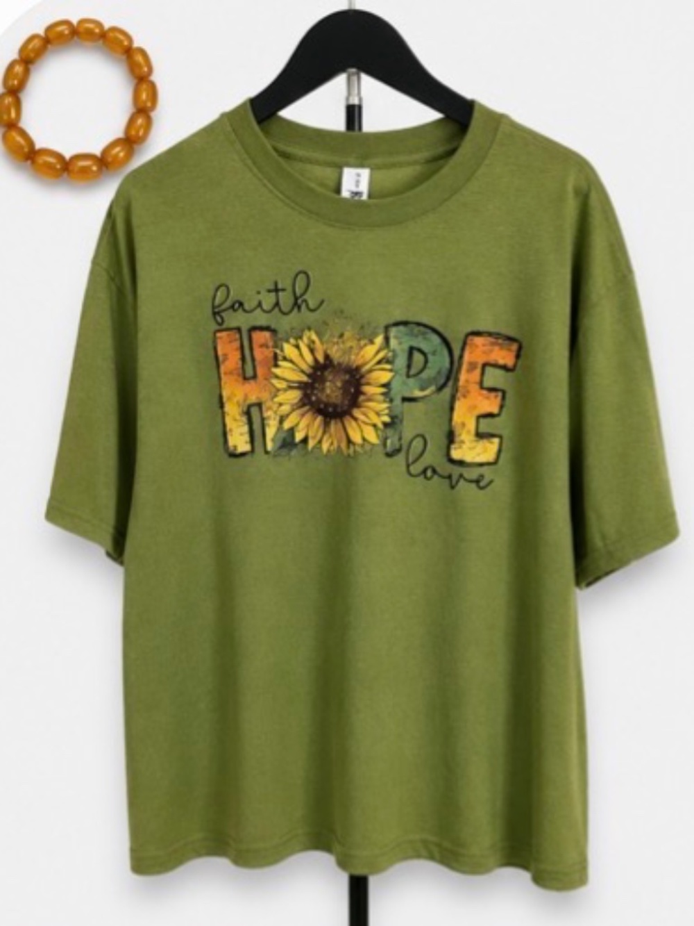Apparel LIF 3X Faith Hope Love Sunflower Graphic T-Shirt – Olive Green